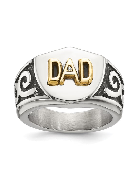 Stainless Steel Men's 14K Gold Accent .01ct Diamond DAD with Black Enamel Shield Ring Size 9