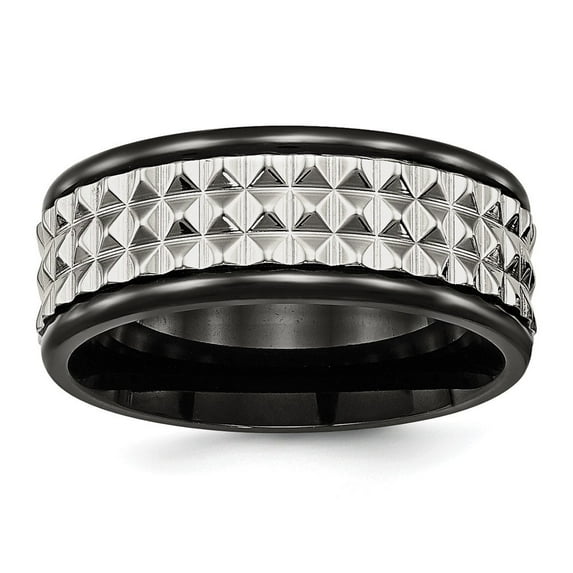 Auriga Fine Jewelry Stainless Steel Polished Black IP-plated 9 mm Studded Band for Women Size 9.5