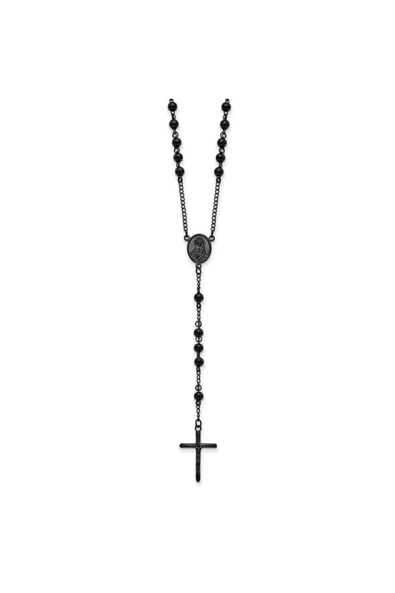 Stainless Steel Polished Black IP-plated Beaded Rosary Necklace for Men 30"
