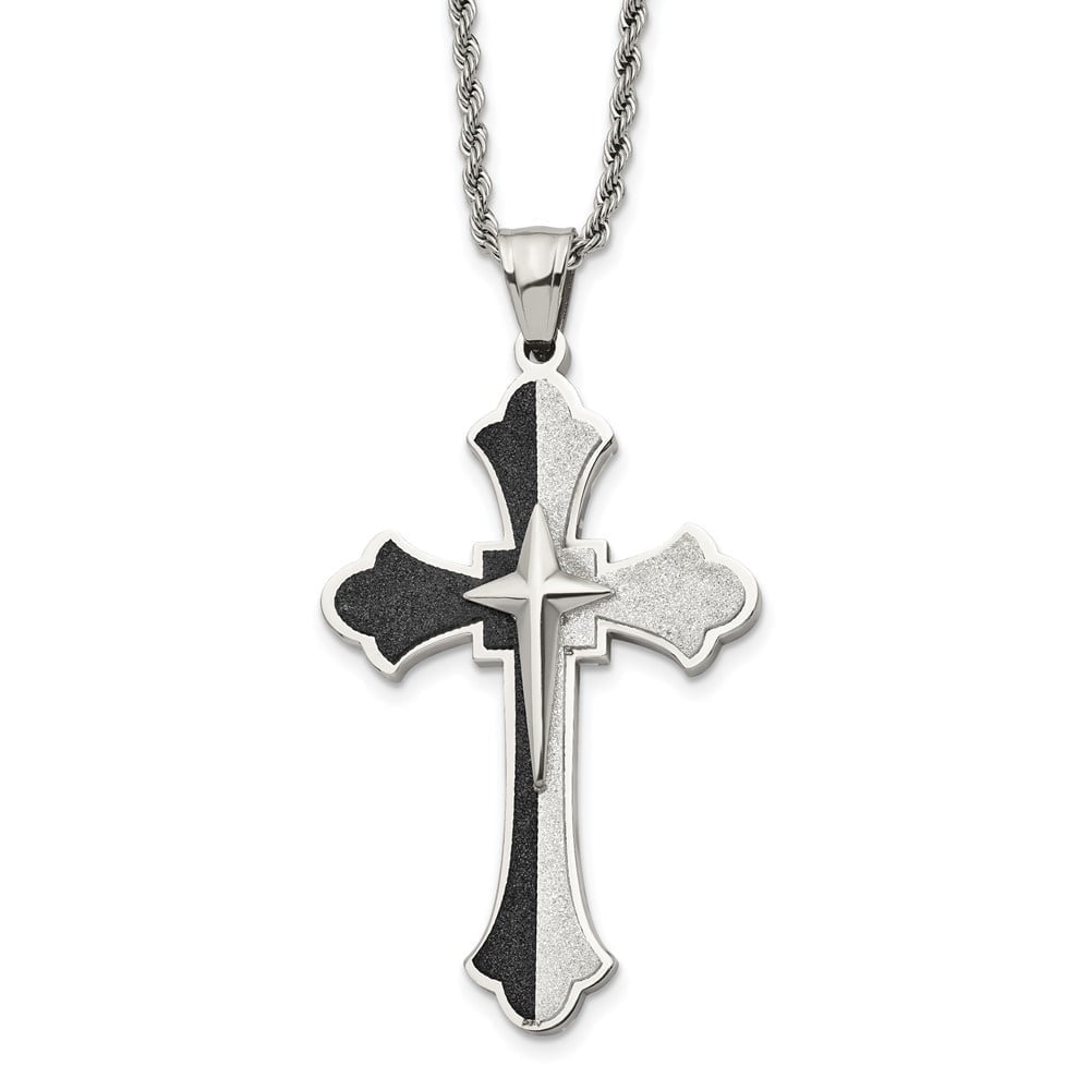 AURIGA Stainless Steel Black IP-plated Laser cut Cross Pendant on a Rope Chain Necklace for Men 24"