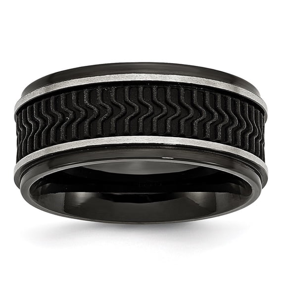 Auriga Fine Jewelry Stainless Steel Polished Black IP-plated w/Rubber Inlay 10 mm Band for Women Size 10.5