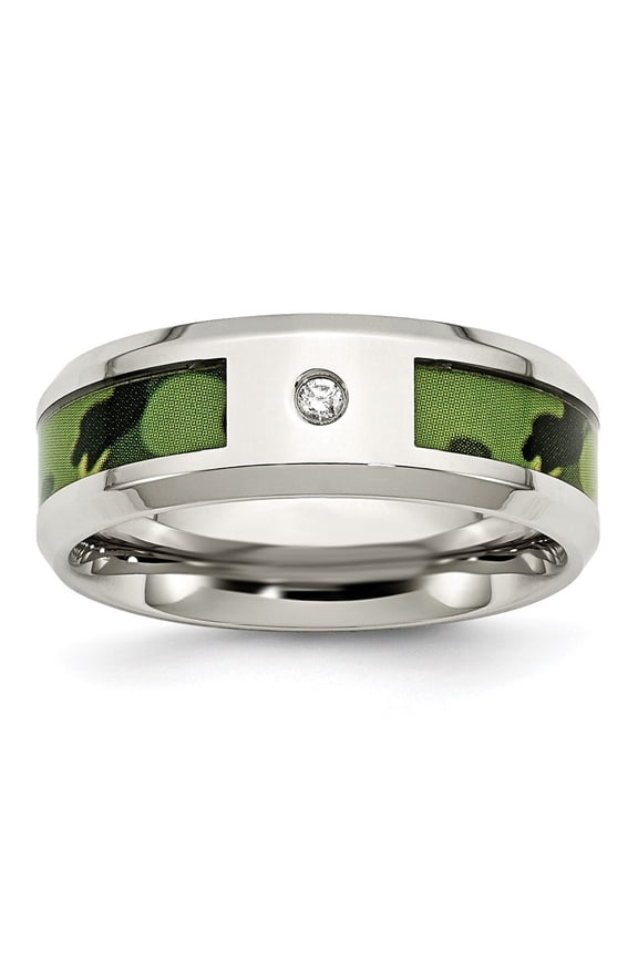 Stainless Steel Polished Camouflage Diamond 8 mm Band for Women Size 9.5