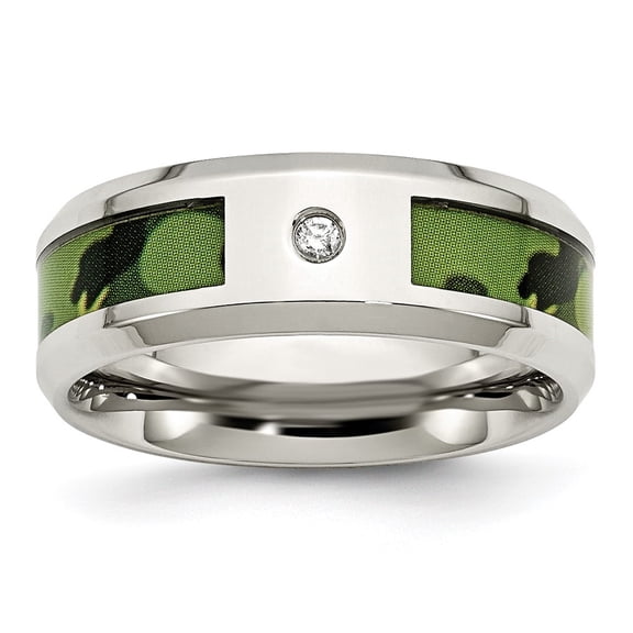 Auriga Stainless Steel Polished Camouflage Diamond 8 mm Band for Women Size 9.5