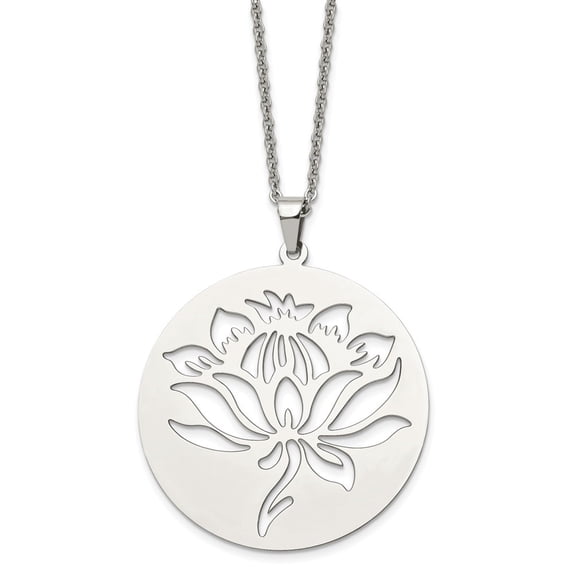 Auriga Fine Jewelry Stainless Steel Polished Flower Cut-out Circle Pendant on a Cable Chain Necklace for Women 22"