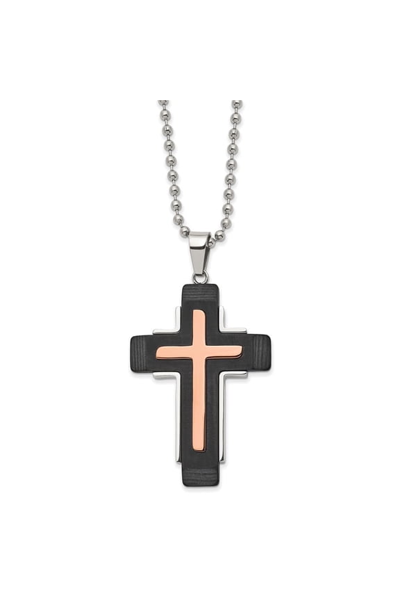 Fine Jewelry Stainless Steel Polished Rose IP-plated and Solid Black Carbon Fiber Cross Pendant on a Ball Chain Necklace for Men 22"