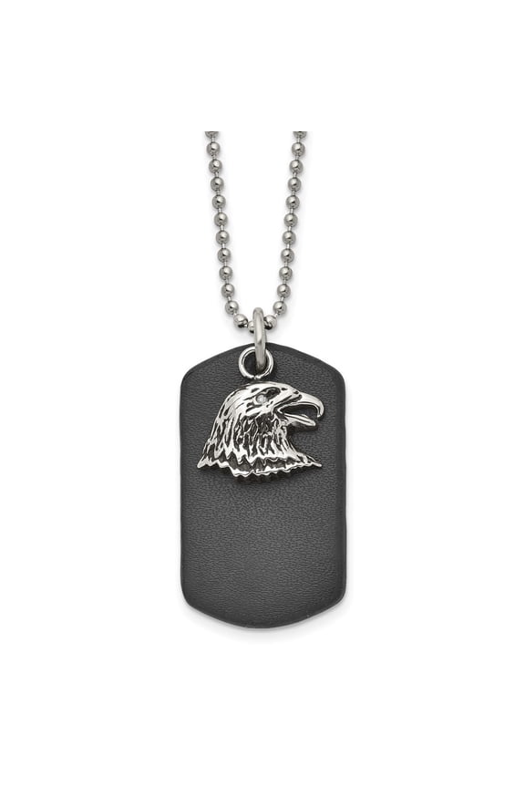 Stainless Steel Polished and Antiqued Eagle Leather Dogtag on a Ball Chain Necklace for Mens 22"