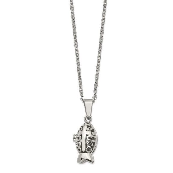 Auriga Fine Jewelry Stainless Steel Polished and Antiqued Magnetic Fish Prayer Box Cable Chain Necklace for Women 18"