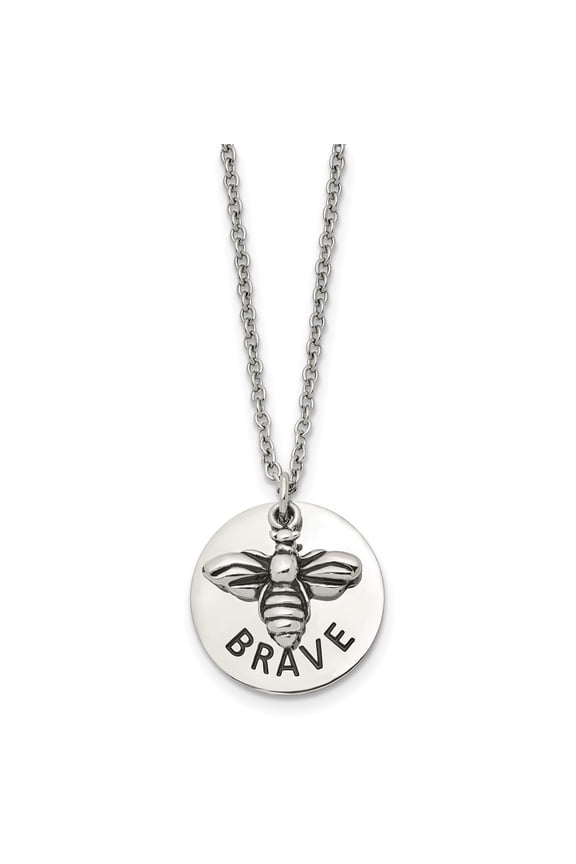 Stainless Steel Polished and Enameled BRAVE Bumble Bee Pendant on a Cable Chain Necklace for Mens 22"