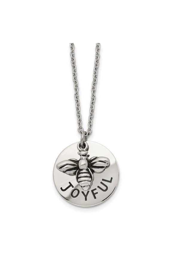 Stainless Steel Polished and Enameled JOYFUL Bumble Bee Pendant on a Cable Chain Necklace for Mens 22"