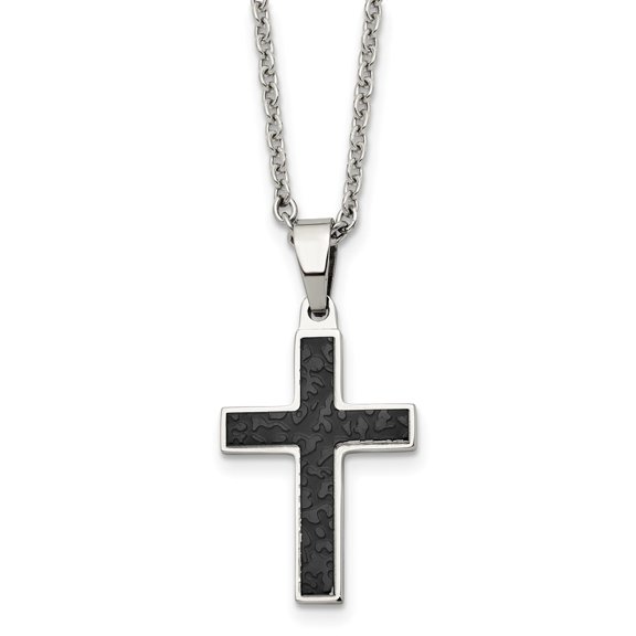 Auriga Stainless Steel Polished and Textured Black IP-plated Cross Pendant on a Cable Chain Necklace for Mens 24"