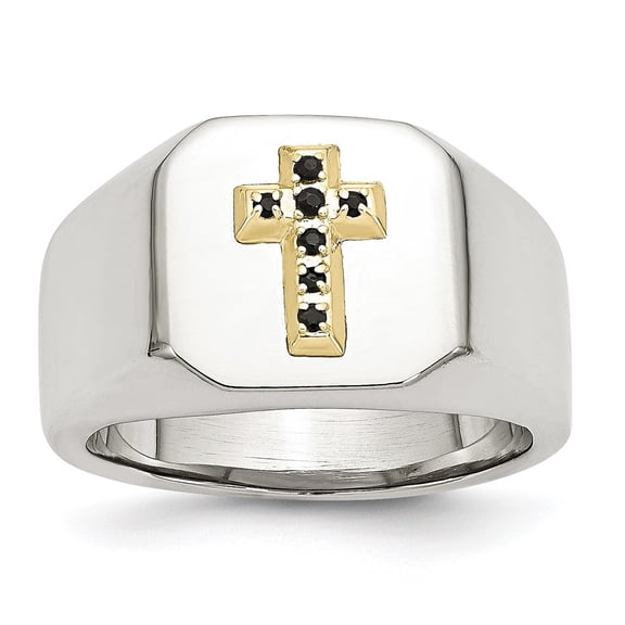 Auriga Stainless Steel Polished with 14K Gold Accent Sapphire Cross Signet Ring for Women Size 9