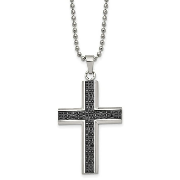 Auriga Stainless Steel with Black Rhodium Black Diamond Cross Pendant Chain Necklace for Men 24"