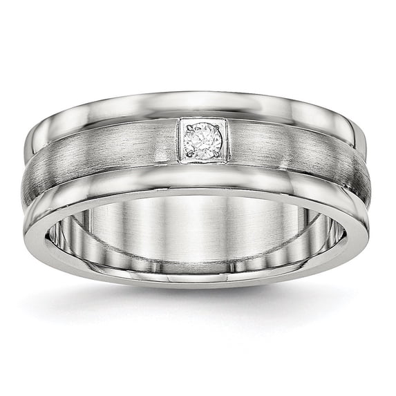 Auriga Stainless Steel Polished with Brushed Center CZ 7 mm Grooved Band for Women Size 9