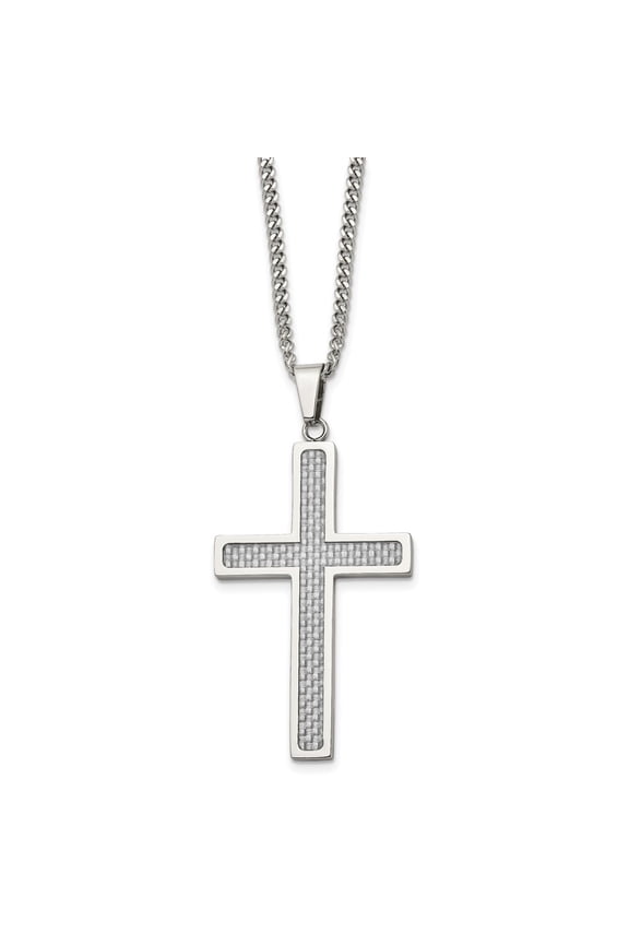 Stainless Steel Polished with Grey Carbon Fiber Inlay Large Cross Pendant on a Curb Chain Necklace for Mens 20"