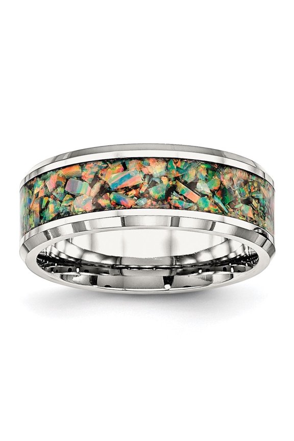 Fine Jewelry Stainless Steel Polished with Imitation Opal Inlay 8 mm Band for Men Size 8