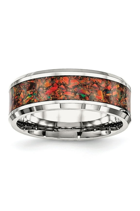 Stainless Steel Polished with Red Imitation Opal Inlay 8 mm Band for Mens Size 11
