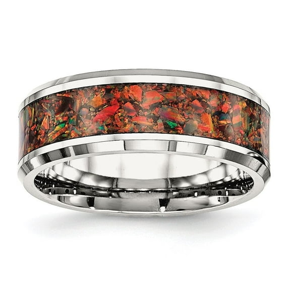 Auriga Fine Jewelry Stainless Steel Polished with Red Imitation Opal Inlay 8 mm Band for Men Size 9