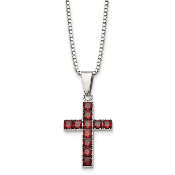 Auriga Stainless Steel Polished with Red Square CZ Cross Pendant on an Box Chain Necklace for Mens 18"