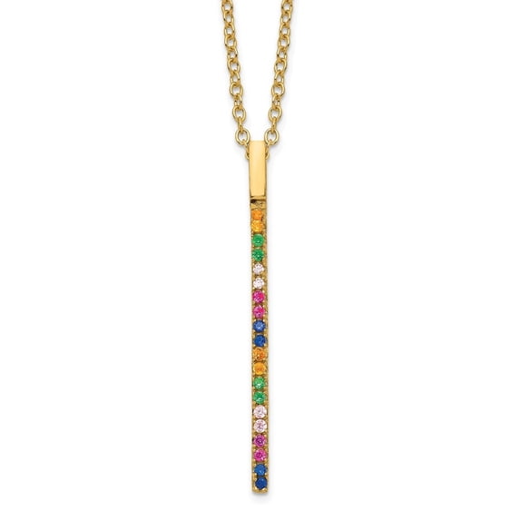 Auriga Sterling Silver Gold-tone 14K Flash Gold-plated Colorful CZ Vertical Bar Necklace with 2 inch Extender for Women 18"