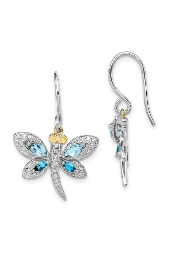Fine Jewelry 925 Sterling Silver Rhodium-plated Blue Topaz and Diamond Dragonfly Dangle Earrings for Women