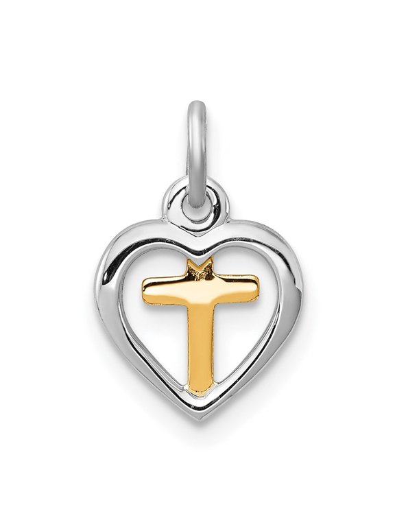 Sterling Silver Rhodium-plated & Vermeil Cross in Heart Charm L-15mm, W-10mm for Women