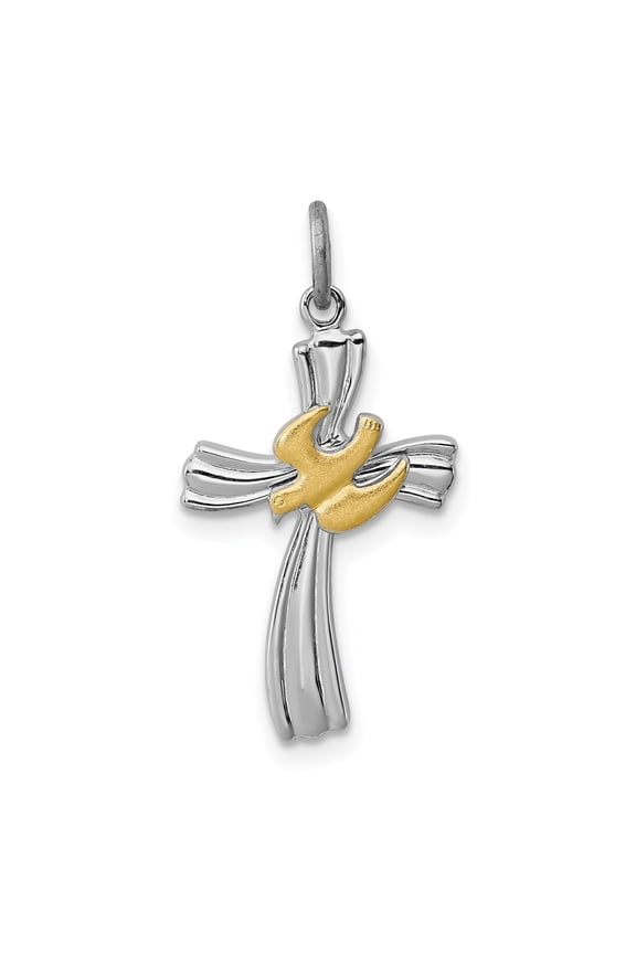 Sterling Silver Rhodium-plated & Vermeil Dove Cross Charm for Women L-22mm, W-13mm
