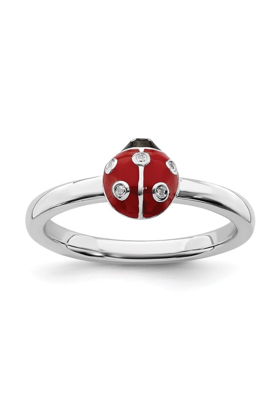Sterling Silver Stackable Expressions Red /Blk Enamel Ladybug w/Diamond Rin Size 7