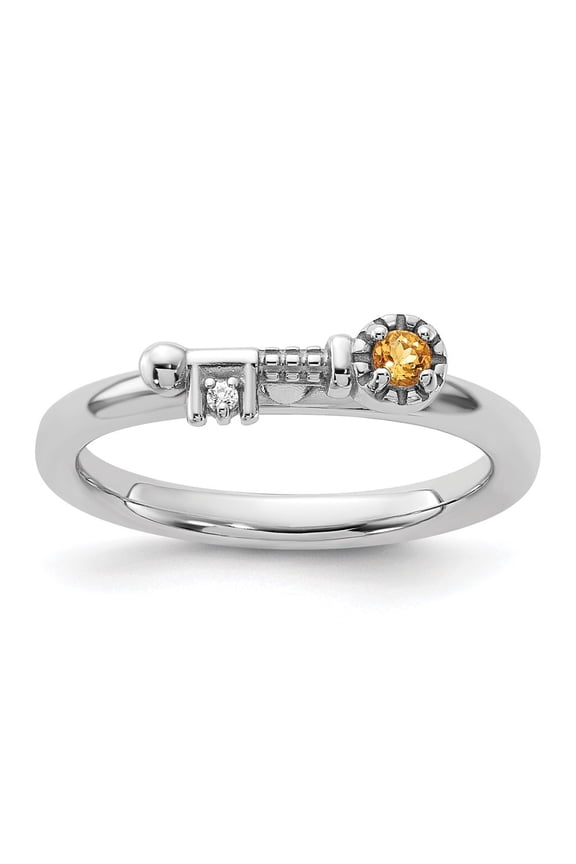 Sterling Silver Stackable Expressions Rhodium Plated Citrine and White Topaz Key Ring Size 10