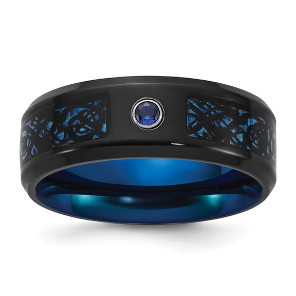 Auriga Titanium Black and Blue IP Plated with Blue CZ Carbon Fiber Inlay 8mm Band Size 8.5