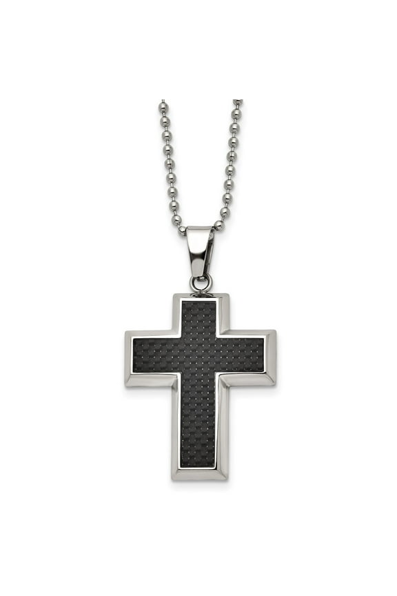 Fine Jewelry Titanium Polished with Black Carbon Fiber Inlay Cross Necklace for Men 22"