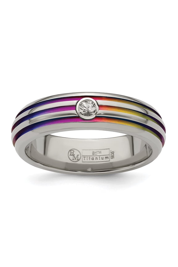 Titanium Rainbow Anodized Triple Groove White Sapphire 6mm Band Size 10