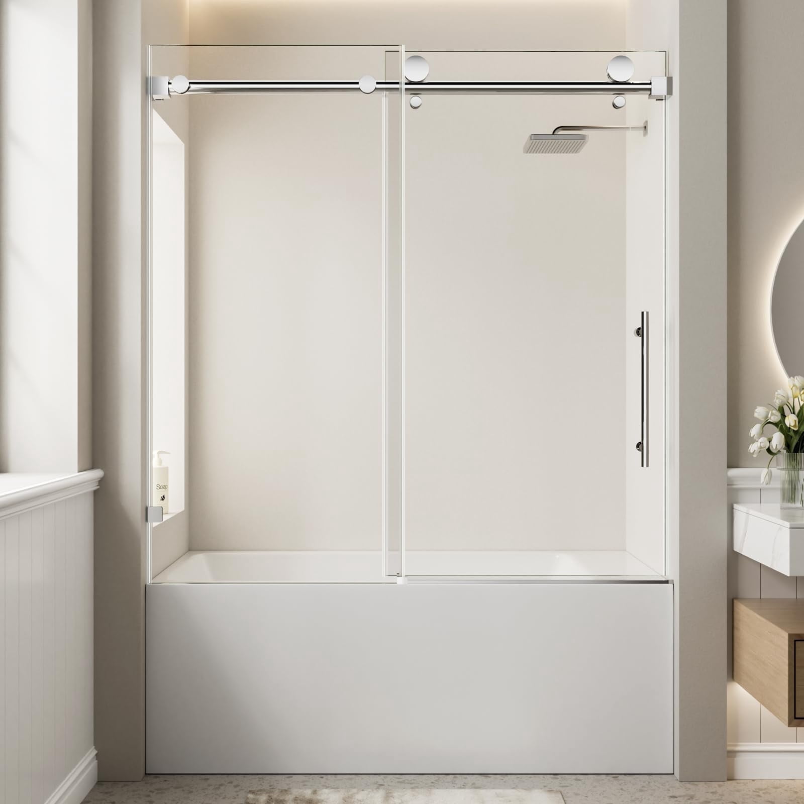 Aurisal 56-60" W  60" H Bathtub Shower Door Frameless,Single Sliding Shower Glass Door, 5/16" (8mm) Tempered Glass with Explosion-Proof Film,Bathroom Glass Door with Stainless Steel Hardware, Chrome