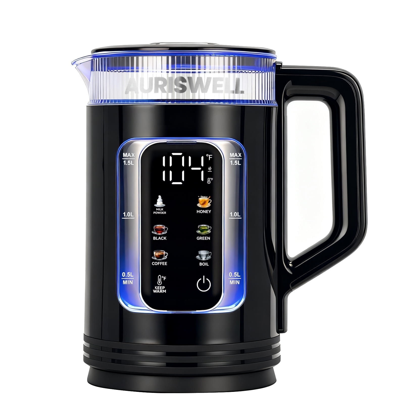 Auriswell Electric Tea Kettle with Temperature Control, 1.5L Glass smart Water Boiler for Tea, Coffee & Boil, Automatic Shut Off, 12h Keep Warm & LED One-Touch 6 Presets
