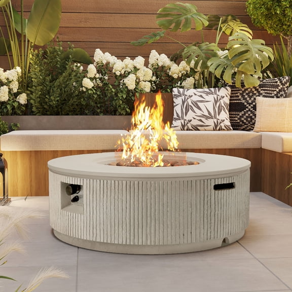 Aurlrtil 38''/50000 BTU MGO Propane Outdoor Fire Pit with Vertical Stripe Design,Round Fire Pit Table with Steel Burner,Adjustable Flame Control, Lava Rocks & Rain Cover for Patio&Backyard Beige