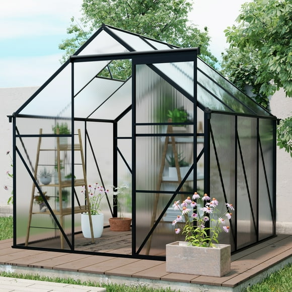 Aurlrtil 6'X6' Polycarbonate Greenhouse, Aluminum Heavy Duty Walk-in Greenhouses for Backyard, Black