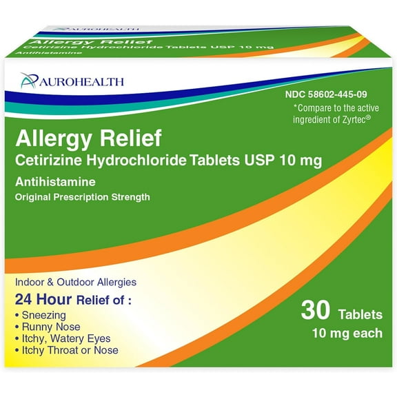 Aurohealth All Day Allergy Relief Cetirizine Hydrochloride, 10 mg Tablets, Antihistamine, 30 Count