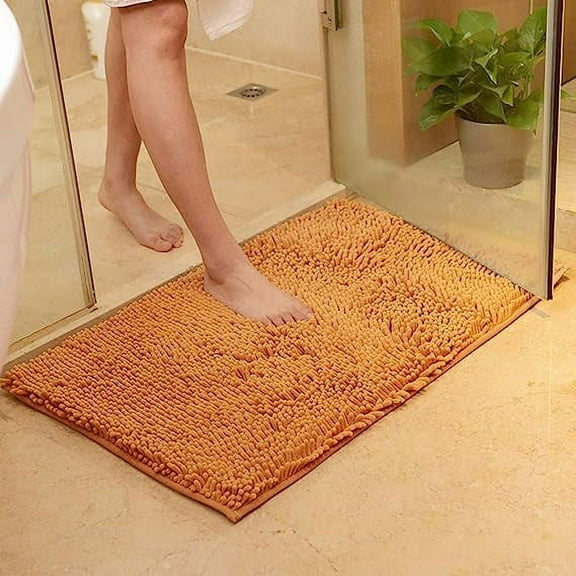 Auroal Plush Chenille Bath Rugs Extra Soft and Absorbent Microfiber Shag Rug, Non-Slip Runner Carpet for Tub Bathroom Shower Mat Champagne 16" X 24"
