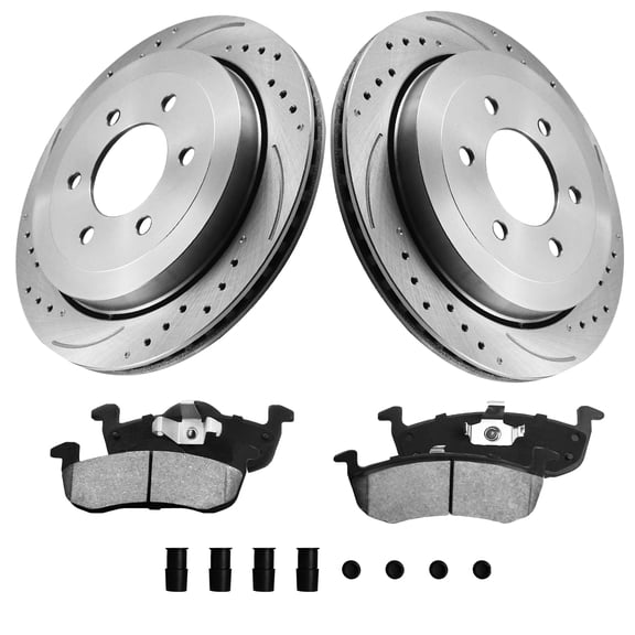 Aurogenix - Rear Brake Kit for 2007-2017 Ford Expedition Lincoln Navigator Drilled & Slotted Disc Brake Rotors and Ceramic Brakes Pads 2008 2009 2010 2011 2012 13 14 15 16 Replacement