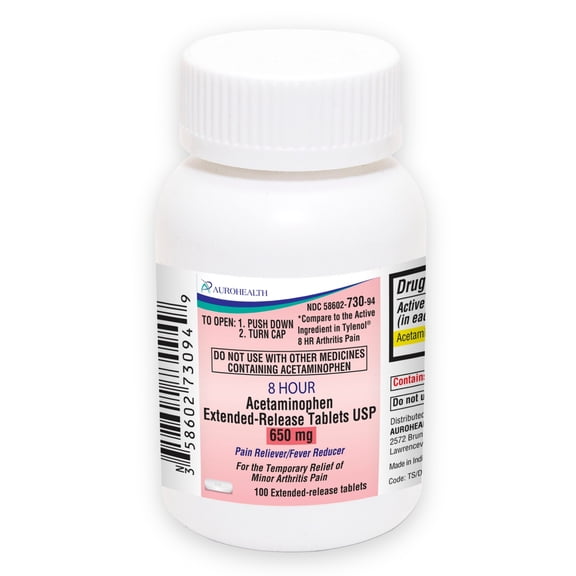 Aurohealth Acetaminophen Extended-Release Tablets, 650 mg, 8 Hour Fever Reducer & Pain Medicine for Muscles, Joints, Body, and Backache Pain Relief, 100 Count