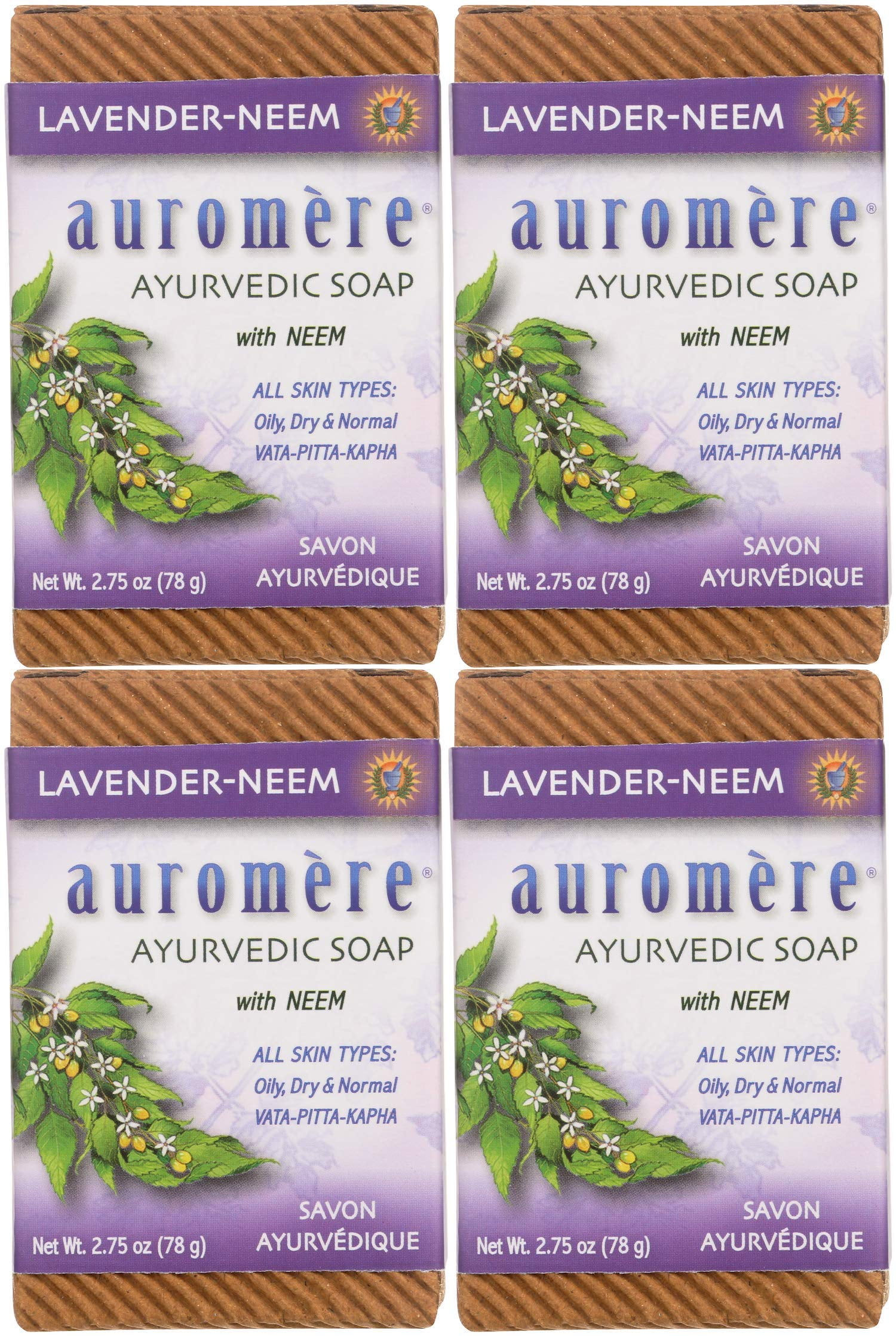 Auromere Ayurvedic Bar Soap, Lavender Neem - Eco Friendly, Handmade, Vegan, Cruelty Free, Natural, Non Gmo (2.75 Oz), 4 Pack.