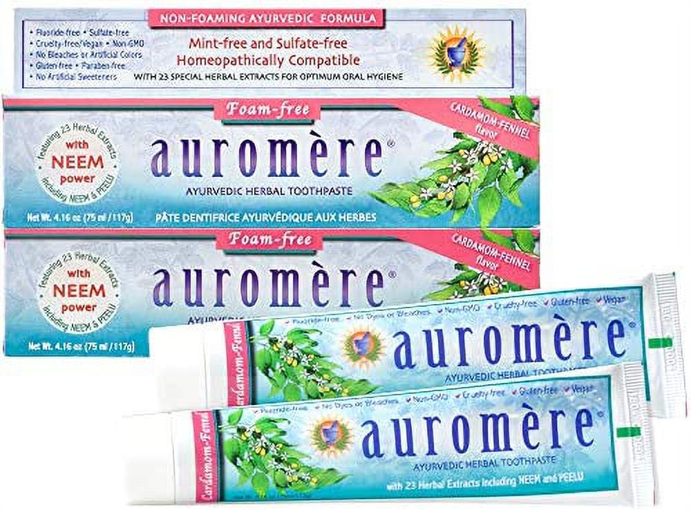 Auromere Ayurvedic Herbal Toothpaste, Cardamom Fennel, Foam Free - Vegan, Natural, Non GMO, SLS Free, Fluoride Free, Gluten Free, with Neem & Peelu (4.16 oz), 2 Pack 4.16 Ounce (Pack of 2)