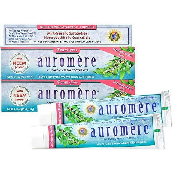 Auromere Ayurvedic Herbal Toothpaste, Cardamom Fennel, Foam Free - Vegan, Natural, Non GMO, SLS Free, Fluoride Free, Gluten Free, with Neem & Peelu (4.16 oz), 2 Pack 4.16 Ounce (Pack of 2)
