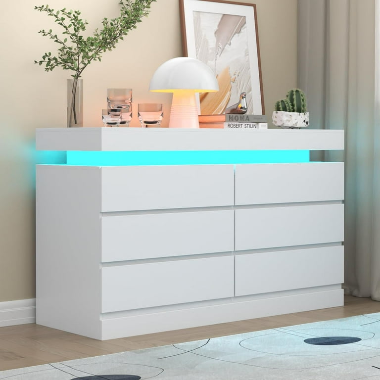 Auromie 6 Drawer Dresser with Power Outlet White Dresser with LED Light Modern Chest of Drawers for Closet Double Wide Drawer Organizer Cabinet for