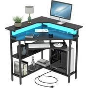 Auromie Corner Desk with Charging Station & LED Light, Triangle Corner Desk with Monitor Stand & Keyboard Tray for Small Space, Gaming Computer Desk with Storage Shelves for Home Office (Black)