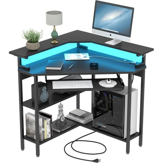 Auromie Corner Desk with LED Light, Monitor Stand, Keyboard Tray, USB ...