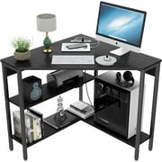 Auromie Corner Desk with Outlets & USB Ports, 90 Degree Triangle Corner Table with CPU Stand & Storage Shelves for Small Space, Computer Table with Charging Station Office Bedroom (Black)