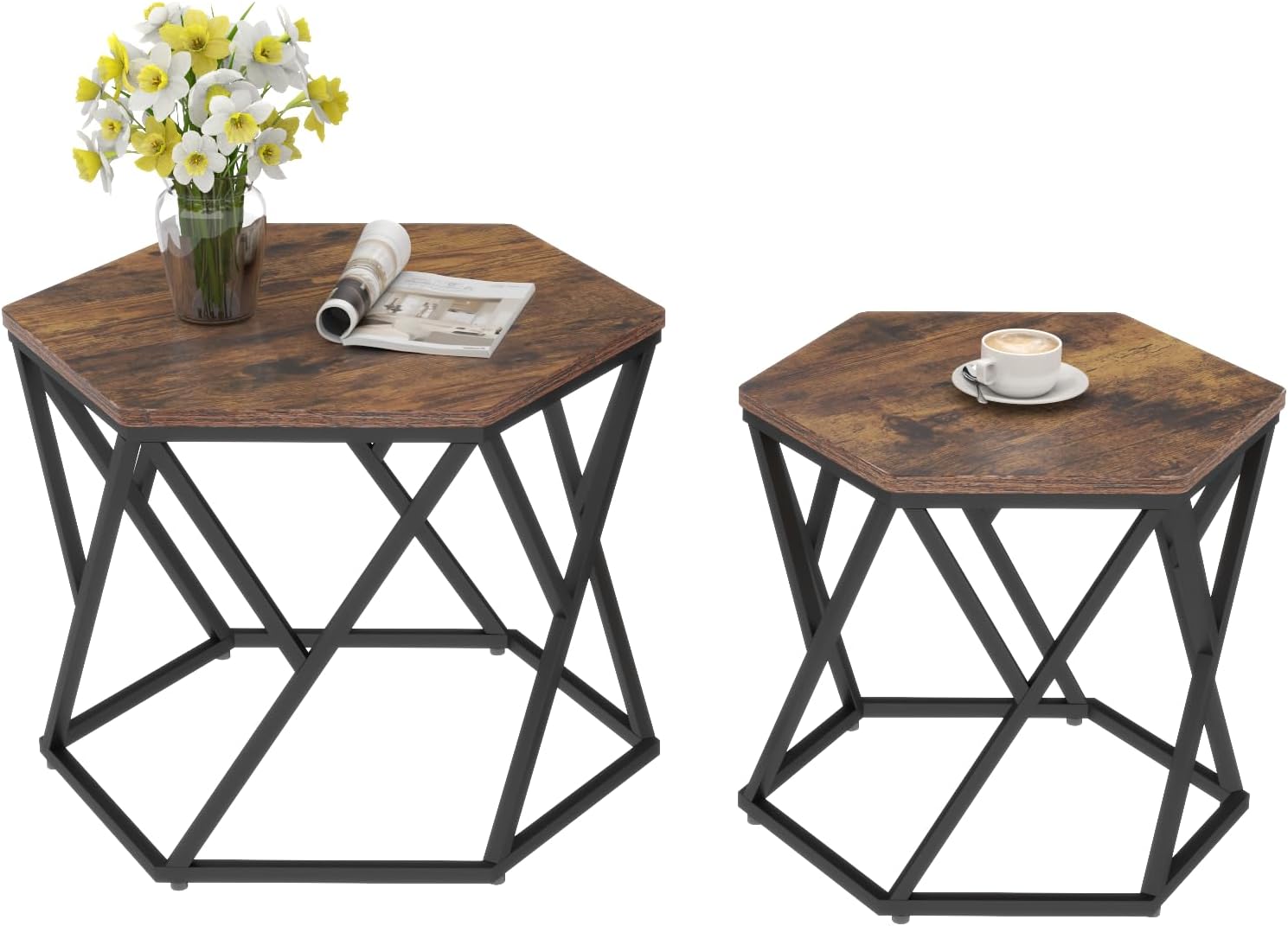 Auromie Nesting Coffee Table Set of 2, Hexagonal Accent Side End Tables