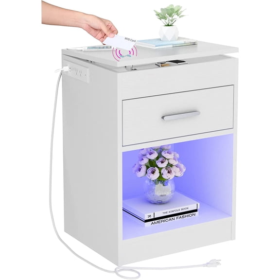 Auromie Nightstand with Charging Station and LED Lights, Concealment Furniture with RFID Lock Cabinet and Power Outlets, Bedside Table with Hidden Compartment for Valuables Storage, White