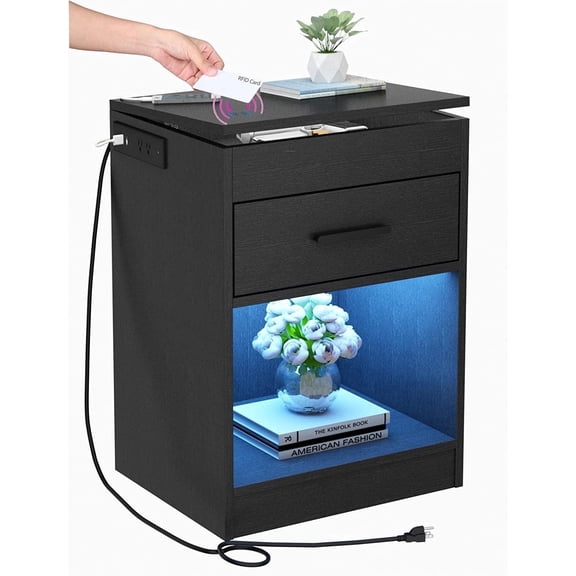 Auromie Set of 1 Nightstand with Charging Station and LED Lights, Bedside Table with Hidden Compartment for Valuables Storage, Concealment Furniture with Lock Cabinet and Power Outlets… (Black- 1pc)