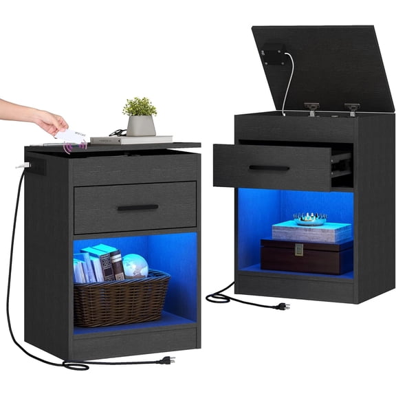 Auromie Set of 2 Nightstand with Charging Station and LED Lights, Bedside Table with Hidden Compartment for Valuables Storage, Concealment Furniture with Lock Cabinet and Power Outlets… (Black- 2pcs)
